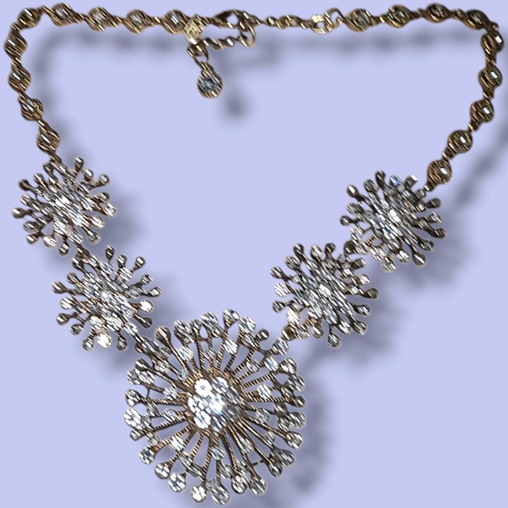 Vintage Gold Tone Rhinestone Starburst Statement Necklace 5 Cluster Bib